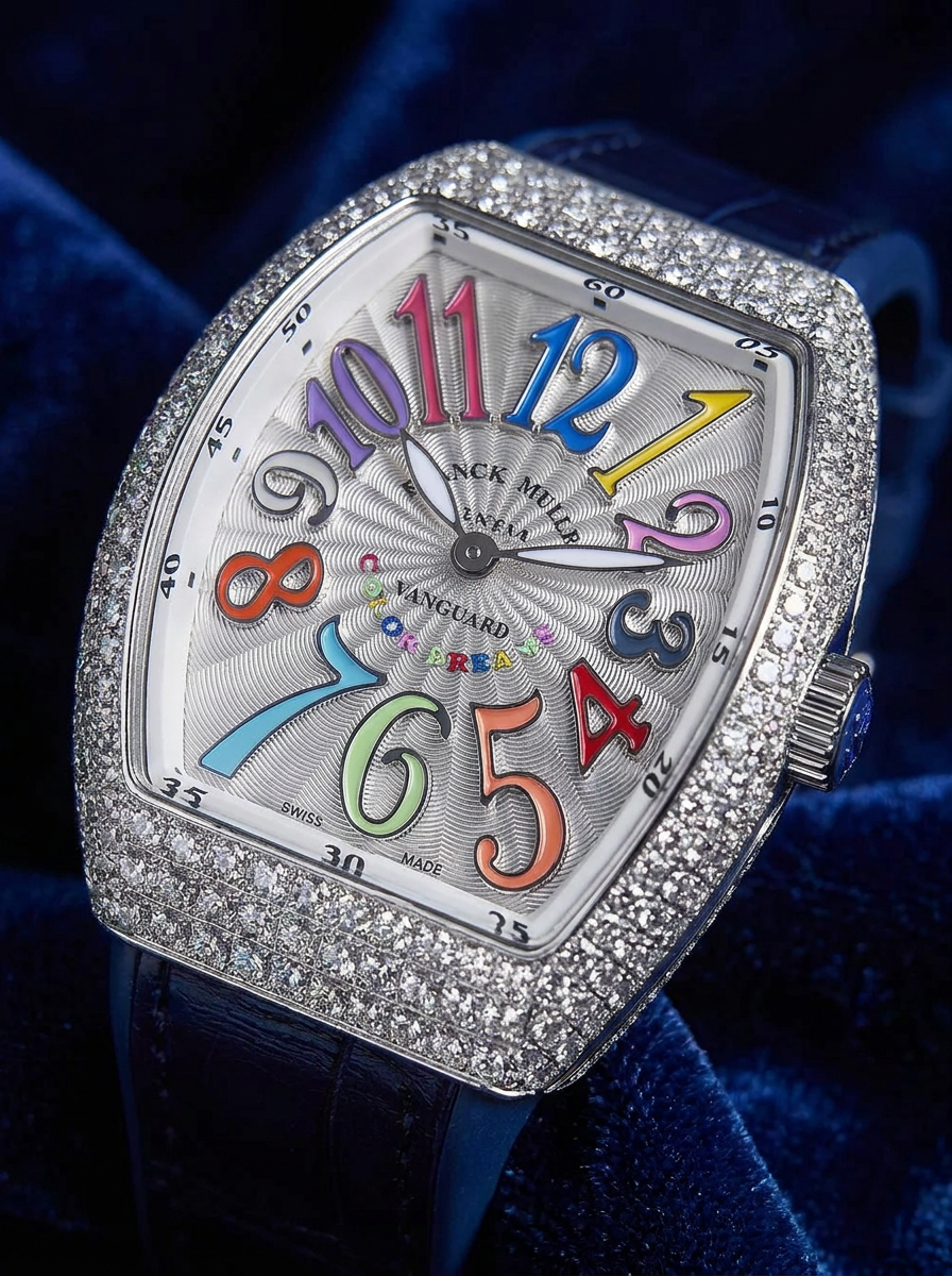 Franck Muller – Vanguard 35 mm – White "Color Dreams" Dial – Custom Diamond-Set – Blue Strap