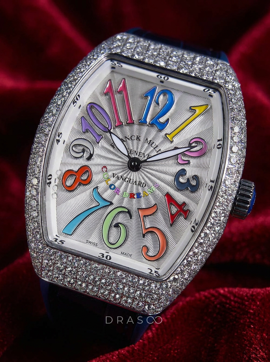 Franck Muller – Vanguard 35 mm – White "Color Dreams" Dial – Custom Diamond-Set – Blue Strap