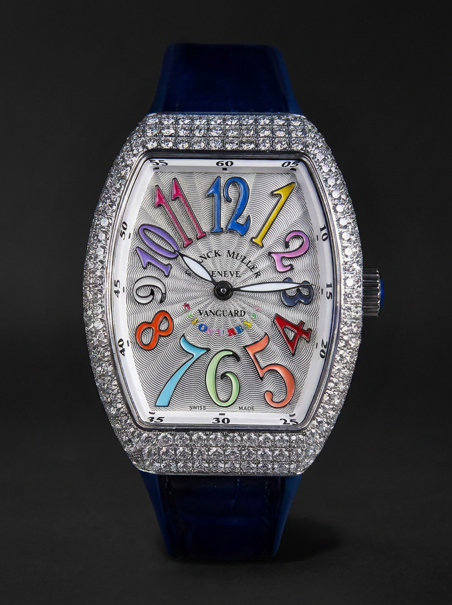 Franck Muller – Vanguard 35 mm – White "Color Dreams" Dial – Custom Diamond-Set – Blue Strap