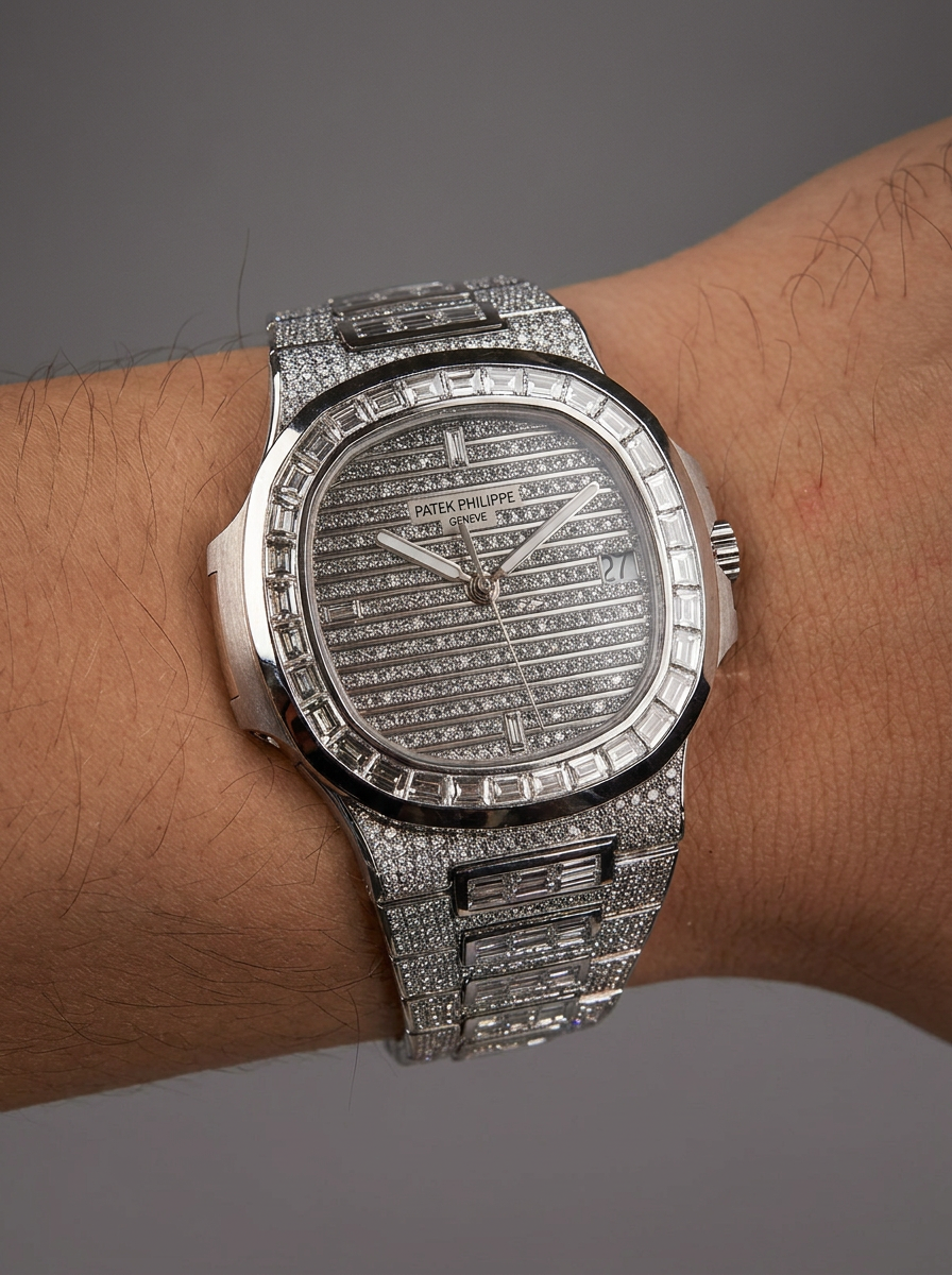 Patek Philippe Nautilus 40 mm – Full Custom – 18k White Gold with VS/SI Baguette Diamonds