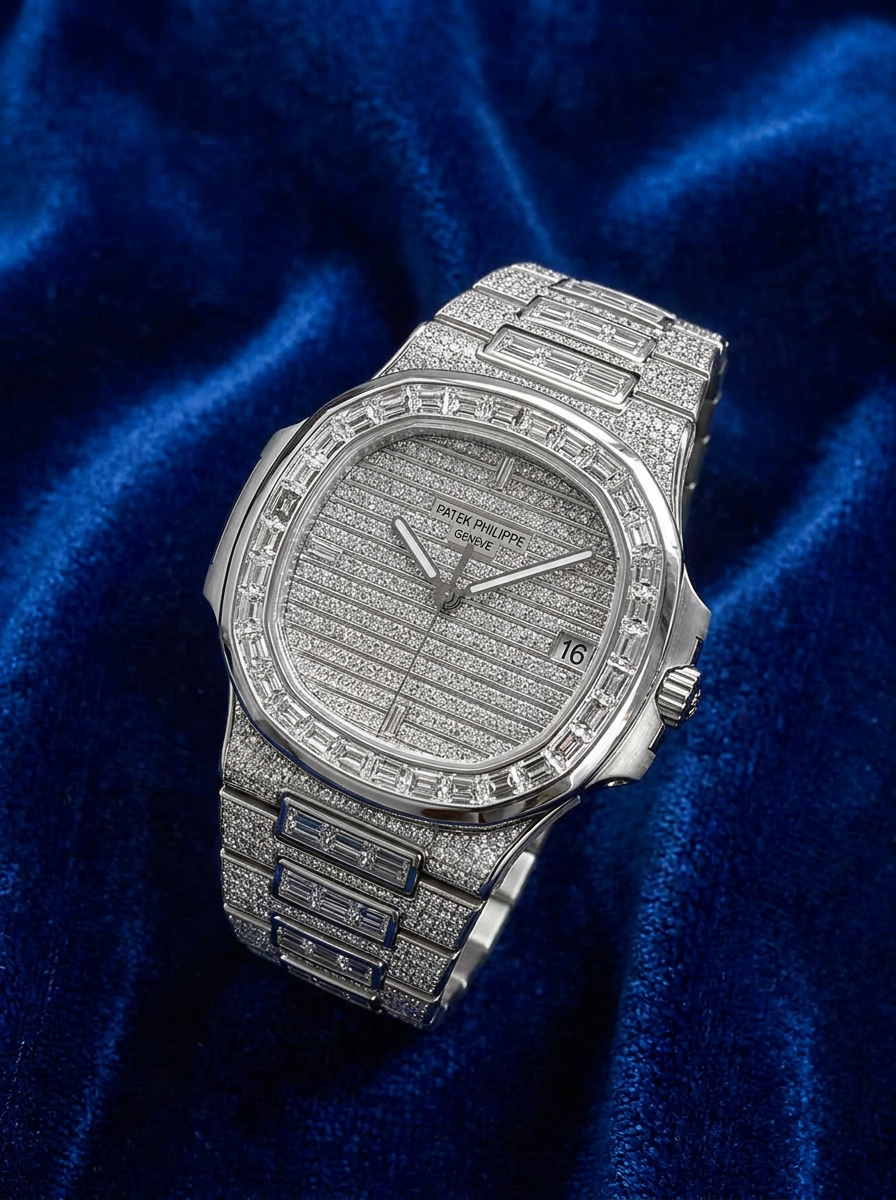 Patek Philippe Nautilus 40 mm – Full Custom – 18k White Gold with VS/SI Baguette Diamonds