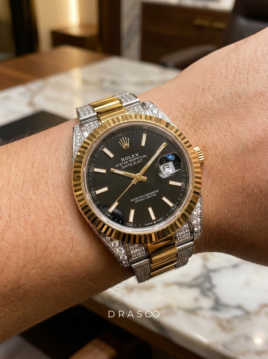 Rolex Datejust 41 – Oystersteel & Yellow Gold – Oyster – Black Dial – Custom Diamond-Set