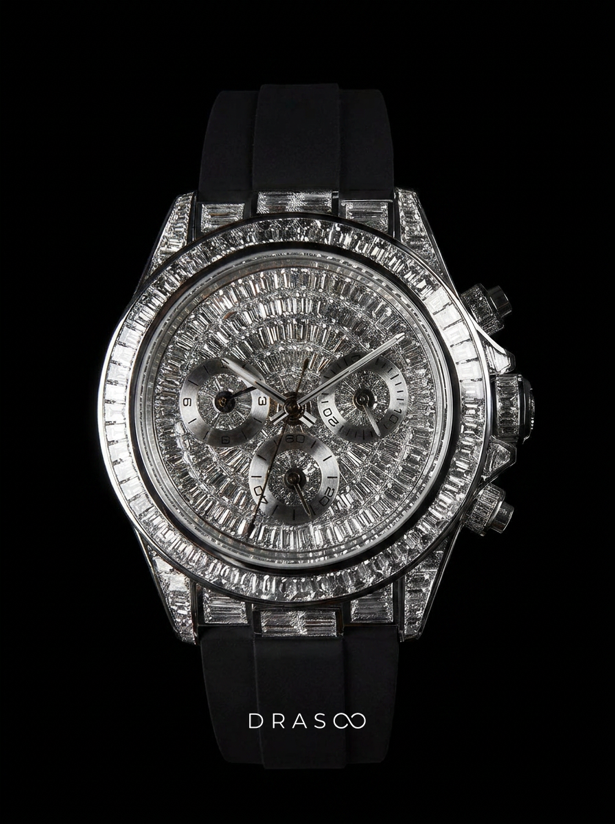 Rolex Daytona 40 mm – Full Custom – 18k White Gold set with VVS/VS Baguette Diamonds