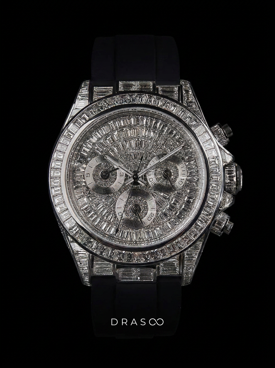 Rolex Daytona 40 mm – Full Custom – 18k White Gold set with VVS/VS Baguette Diamonds