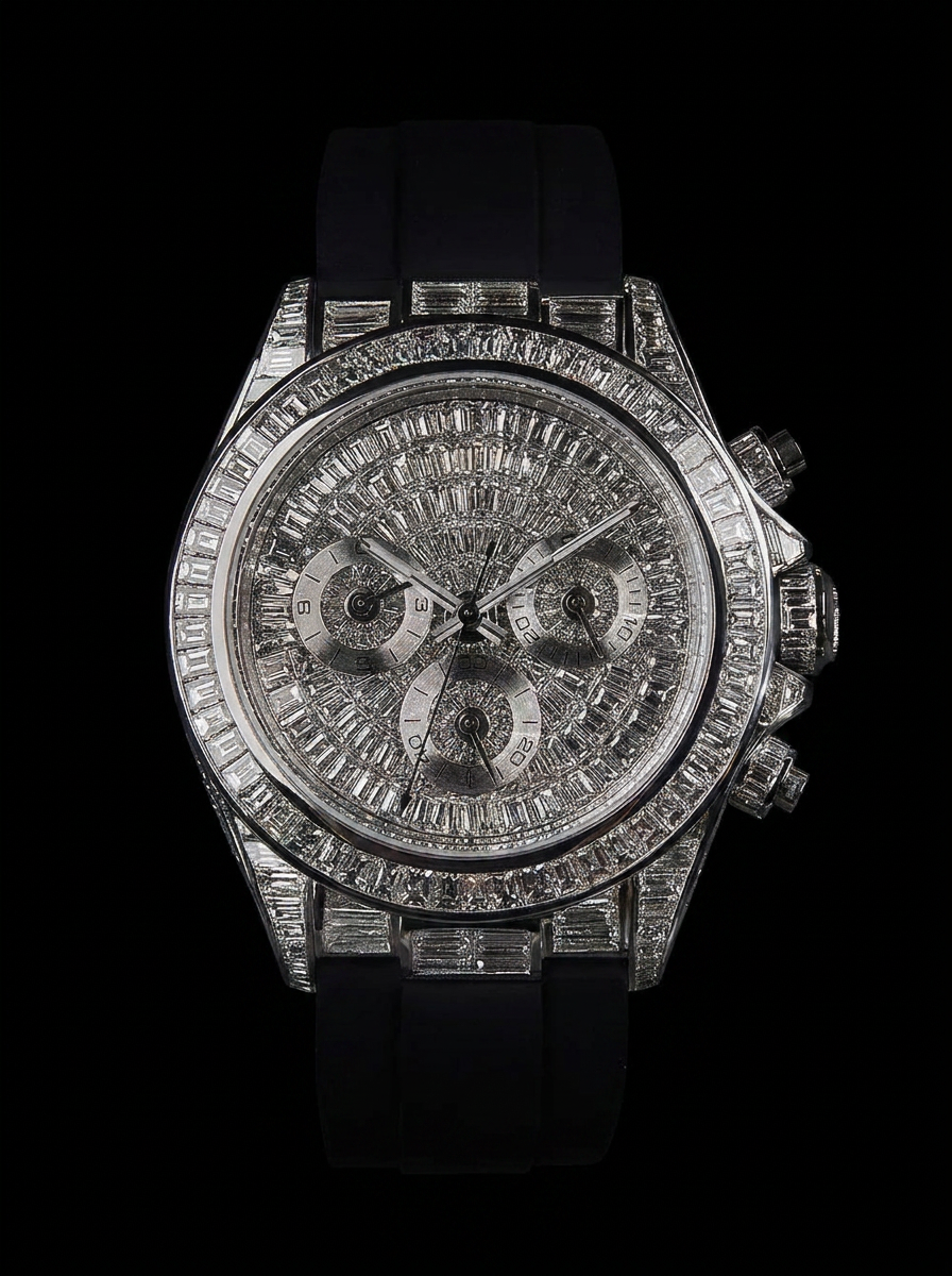 Rolex Daytona 40 mm – Full Custom – 18k White Gold set with VVS/VS Baguette Diamonds