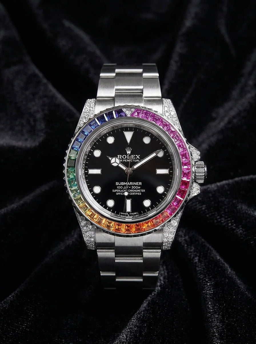Rolex Submariner 41 mm – Oystersteel – Oyster – Custom Diamond-Set with Rainbow Bezel