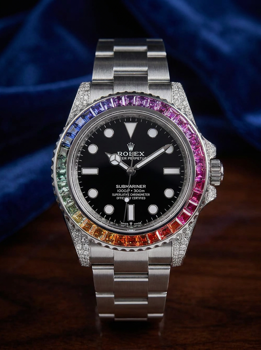 Rolex Submariner 41 mm – Oystersteel – Oyster – Custom Diamond-Set with Rainbow Bezel