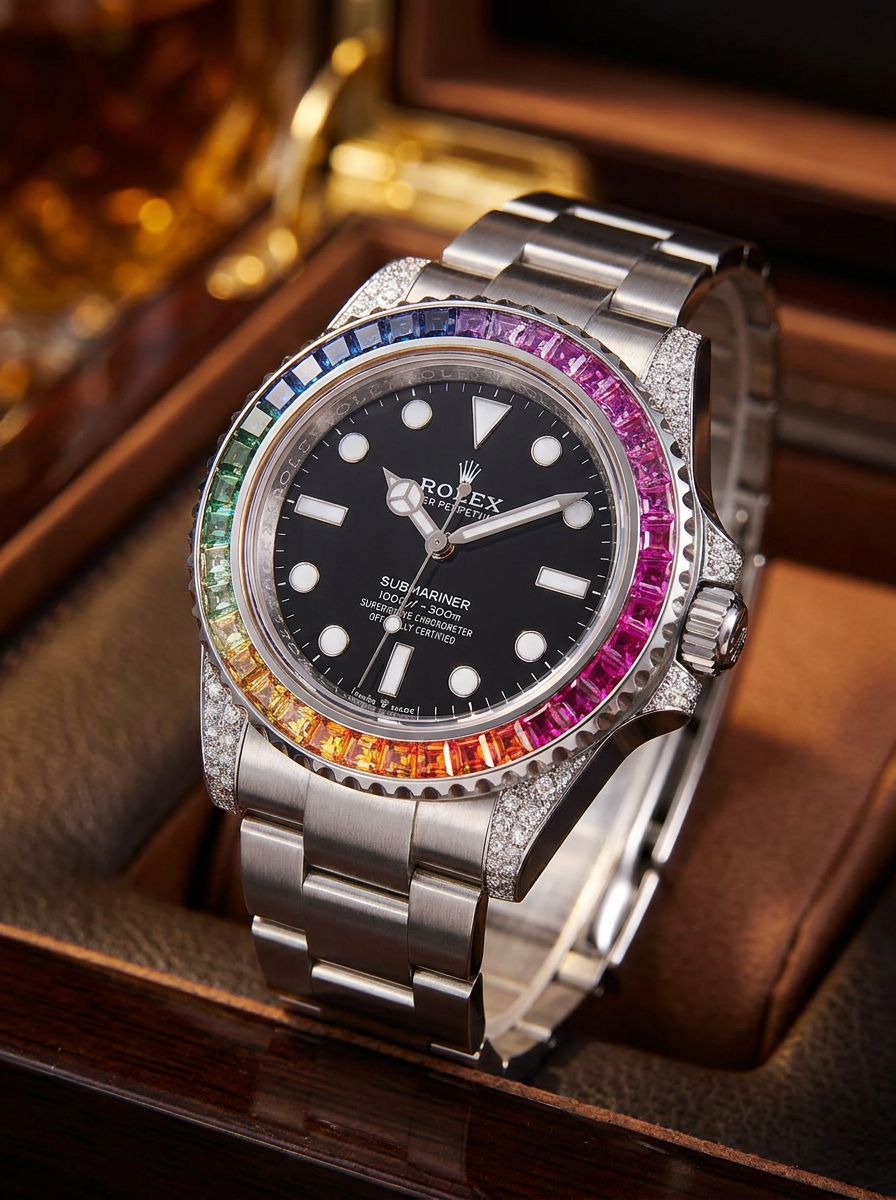 Rolex Submariner 41 mm – Oystersteel – Oyster – Custom Diamond-Set with Rainbow Bezel