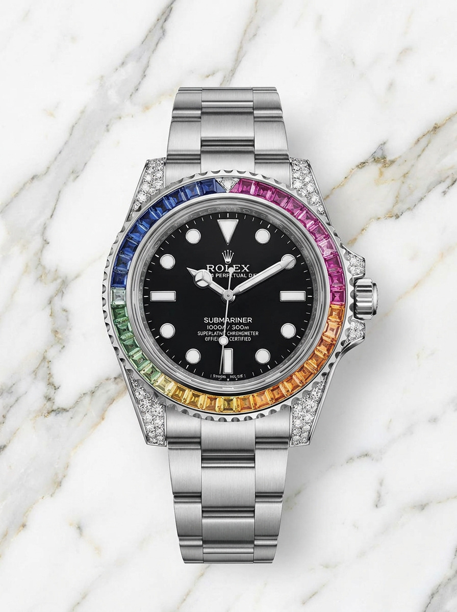 Rolex Submariner 41 mm – Oystersteel – Oyster – Custom Diamond-Set with Rainbow Bezel