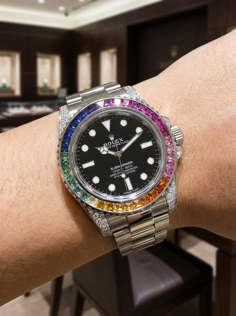 Rolex Submariner 41 mm – Oystersteel – Oyster – Custom Diamond-Set with Rainbow Bezel