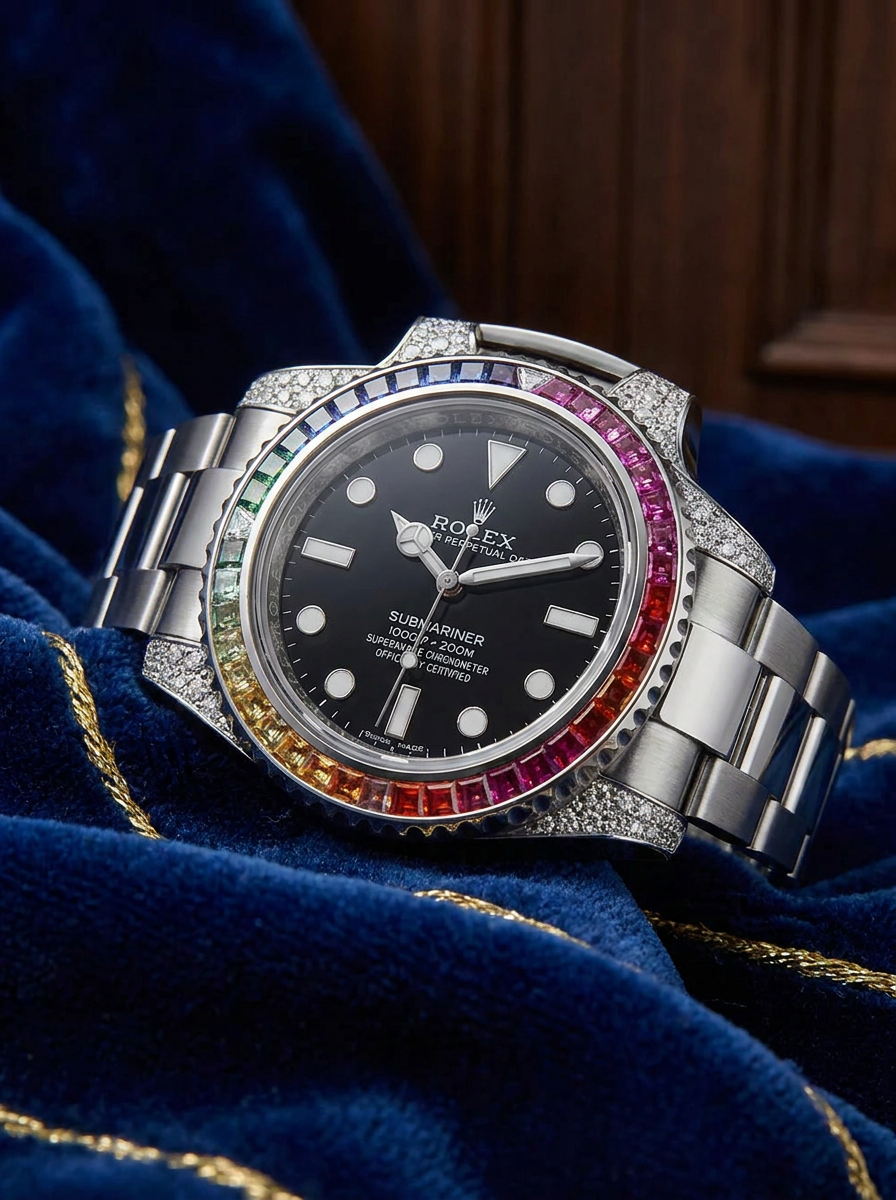 Rolex Submariner 41 mm – Oystersteel – Oyster – Custom Diamond-Set with Rainbow Bezel
