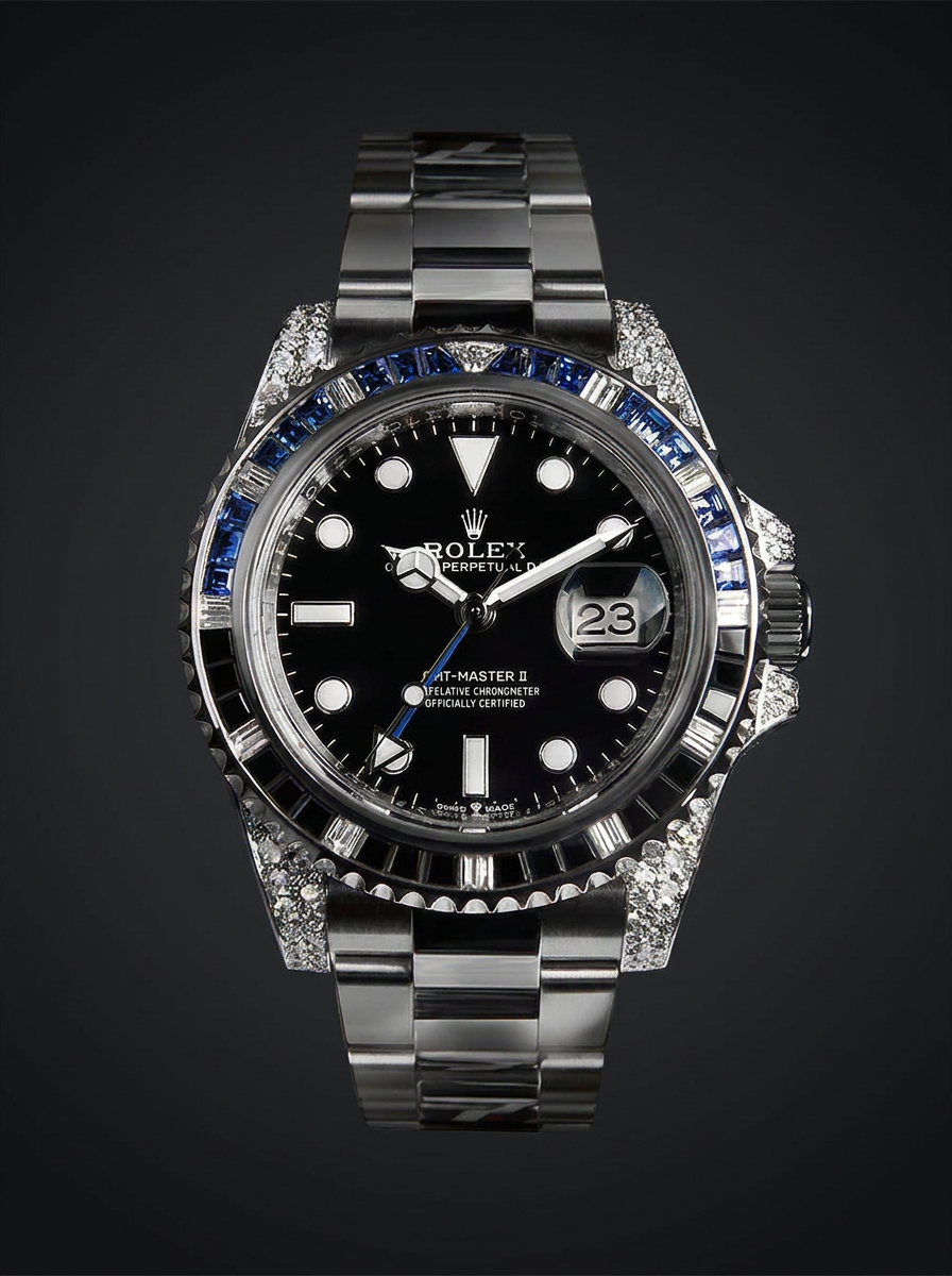 Rolex GMT-Master II 40 mm – Oystersteel – "Batman" Custom Diamond-Set with Blue/Black Gemstone Bezel
