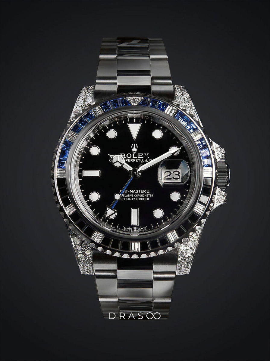 Rolex GMT-Master II 40 mm – Oystersteel – "Batman" Custom Diamond-Set with Blue/Black Gemstone Bezel