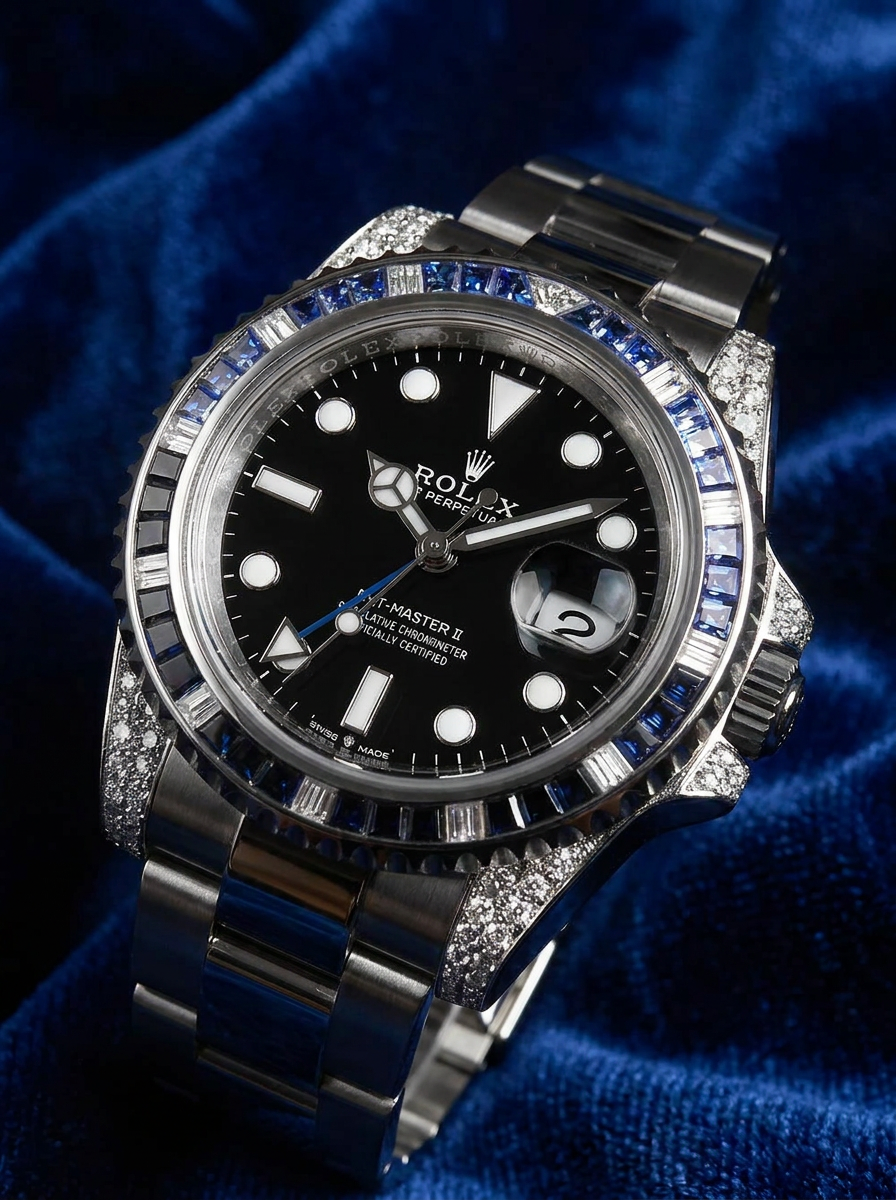 Rolex GMT-Master II 40 mm – Oystersteel – "Batman" Custom Diamond-Set with Blue/Black Gemstone Bezel