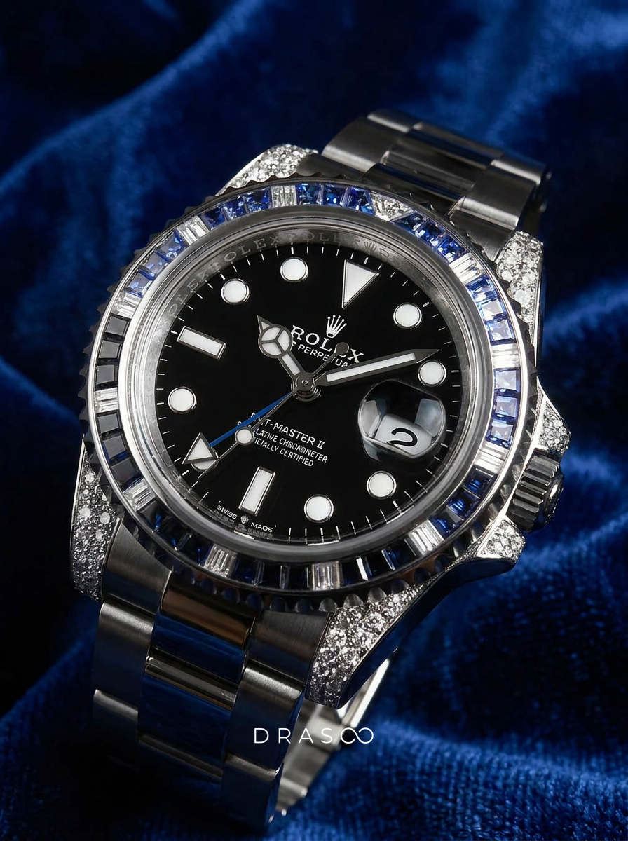 Rolex GMT-Master II 40 mm – Oystersteel – "Batman" Custom Diamond-Set with Blue/Black Gemstone Bezel