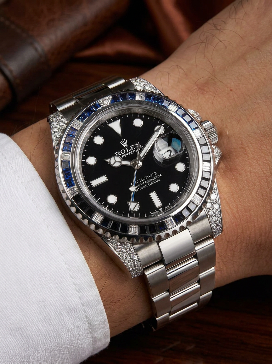 Rolex GMT-Master II 40 mm – Oystersteel – "Batman" Custom Diamond-Set with Blue/Black Gemstone Bezel