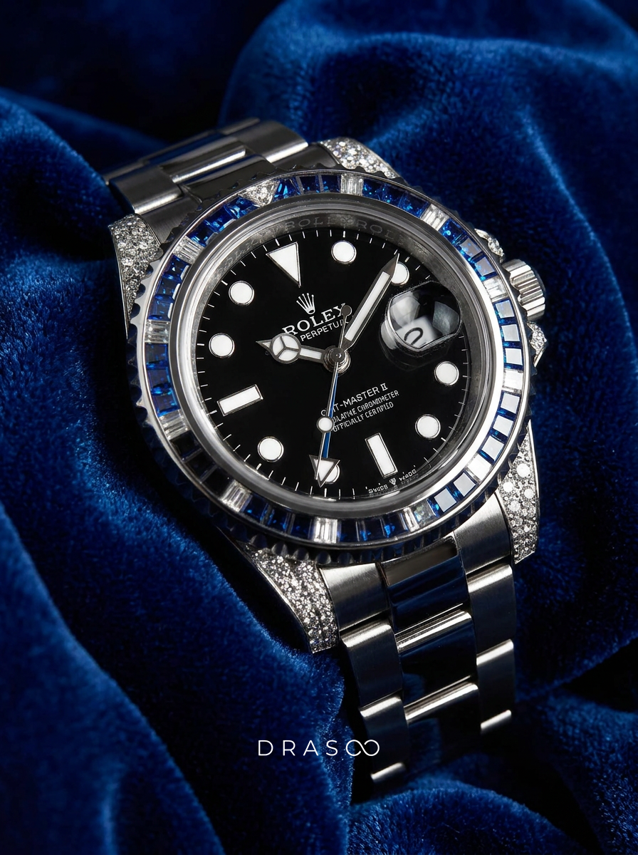 Rolex GMT-Master II 40 mm – Oystersteel – "Batman" Custom Diamond-Set with Blue/Black Gemstone Bezel