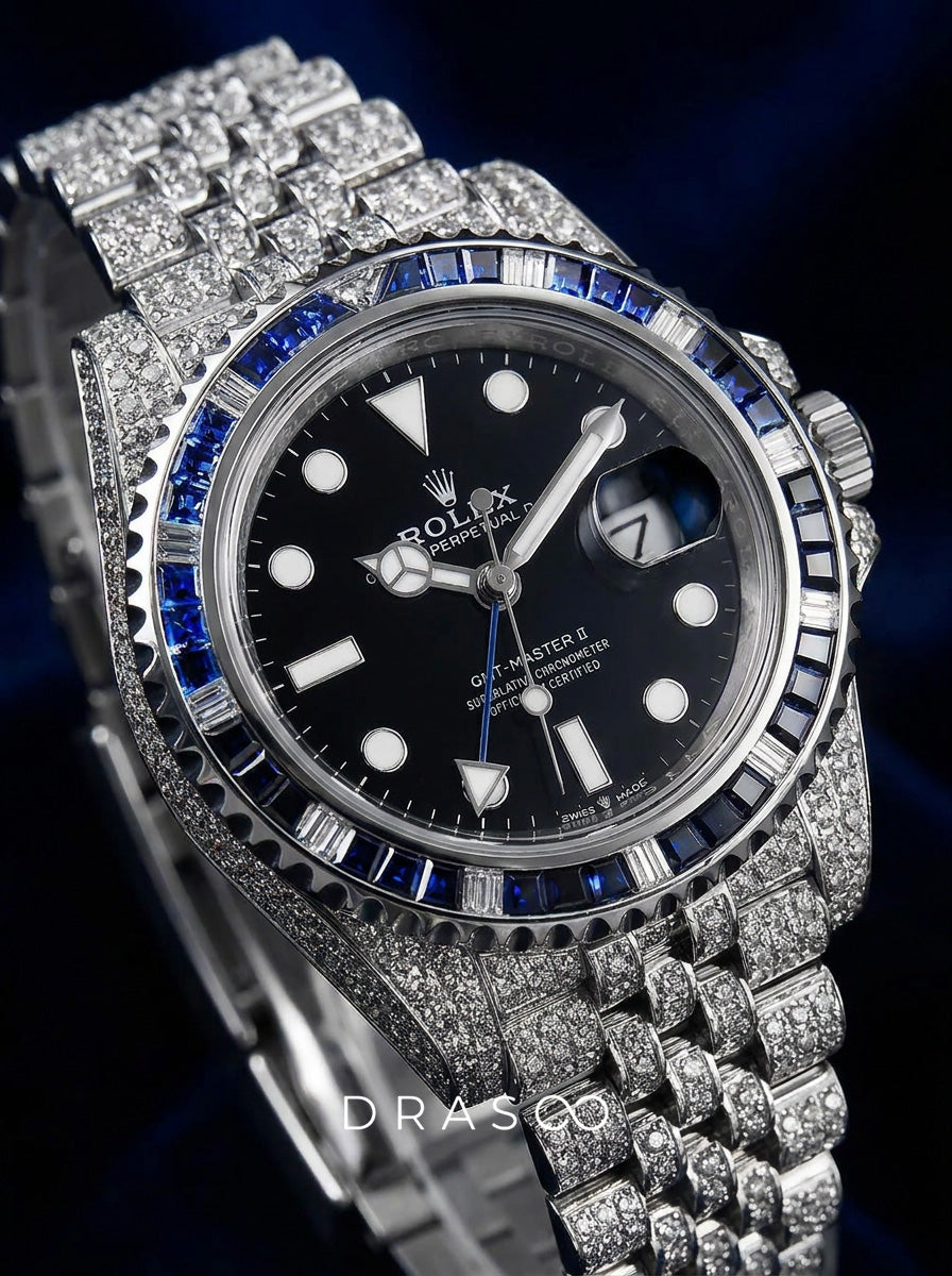 Rolex GMT-Master II 40 mm – Oystersteel – "Batgirl" Custom Diamond-Set with Blue/Black Gemstone Bezel
