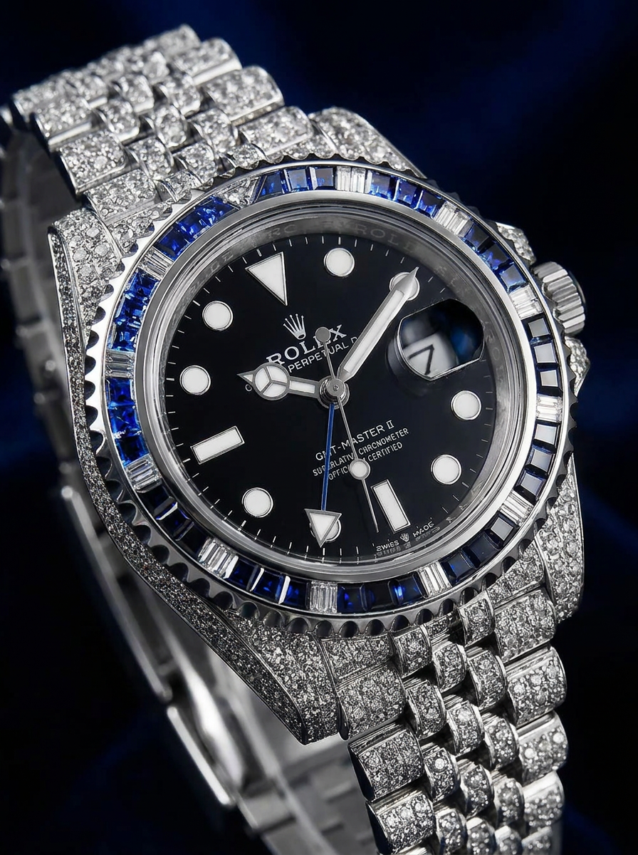 Rolex GMT-Master II 40 mm – Oystersteel – "Batgirl" Custom Diamond-Set with Blue/Black Gemstone Bezel