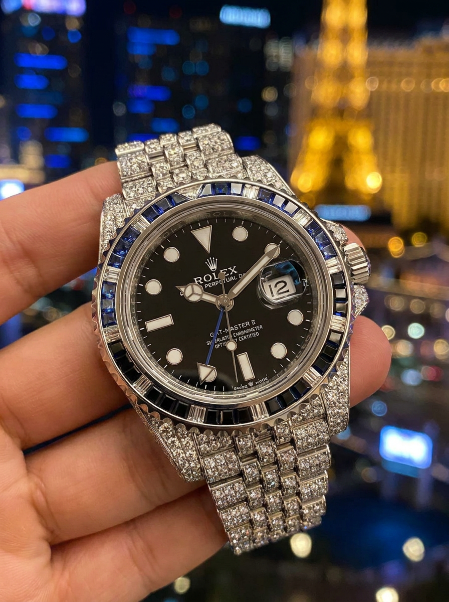 Rolex GMT-Master II 40 mm – Oystersteel – "Batgirl" Custom Diamond-Set with Blue/Black Gemstone Bezel