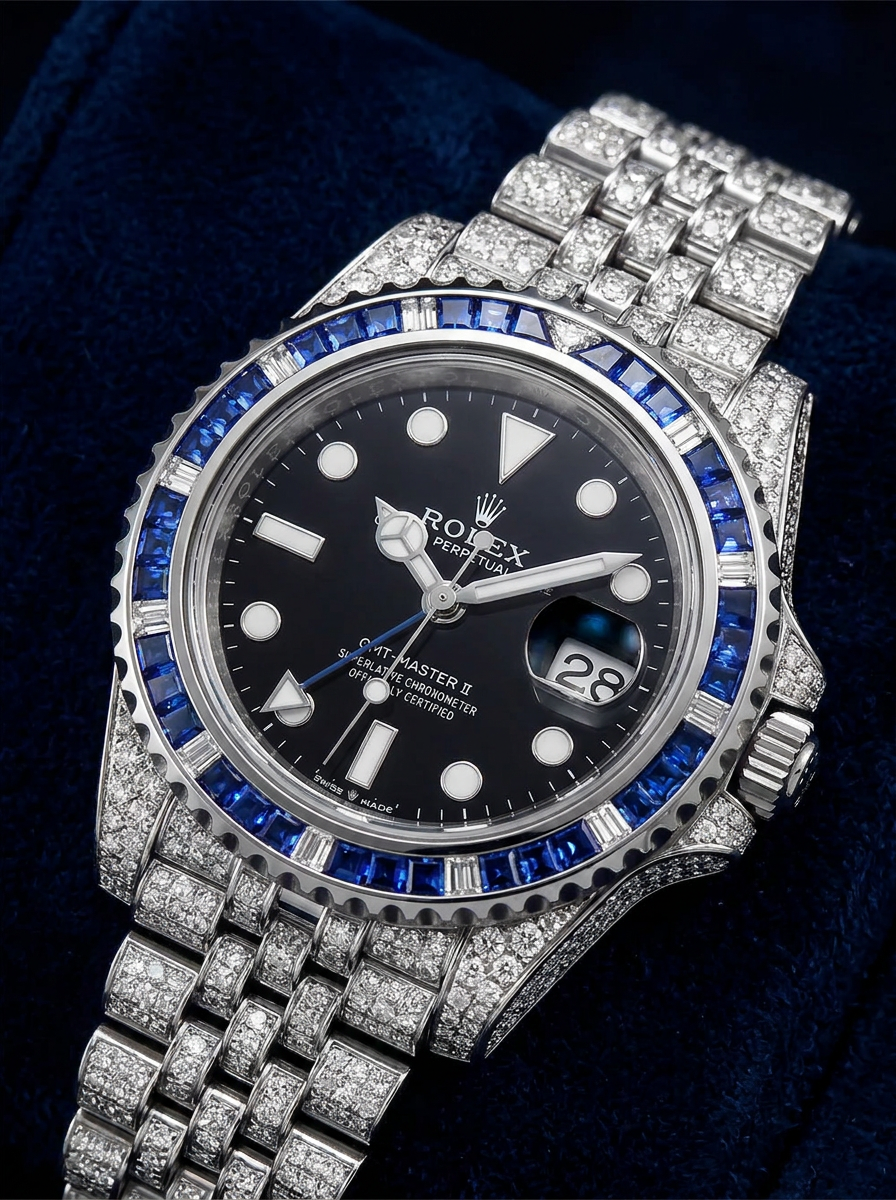 Rolex GMT-Master II 40 mm – Oystersteel – "Batgirl" Custom Diamond-Set with Blue/Black Gemstone Bezel