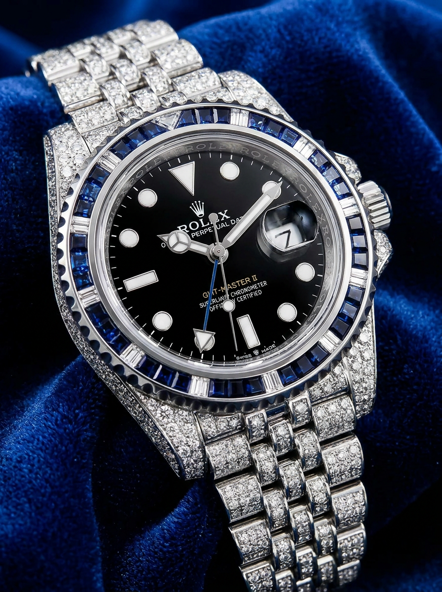 Rolex GMT-Master II 40 mm – Oystersteel – "Batgirl" Custom Diamond-Set with Blue/Black Gemstone Bezel