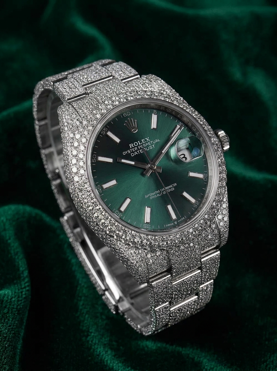 Rolex Datejust 41 – Oystersteel – Mint Green – Custom Pavé Diamond Set – Oyster