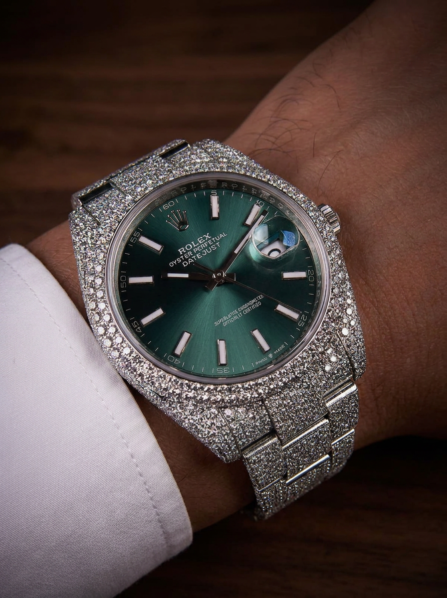 Rolex Datejust 41 – Oystersteel – Mint Green – Custom Pavé Diamond Set – Oyster