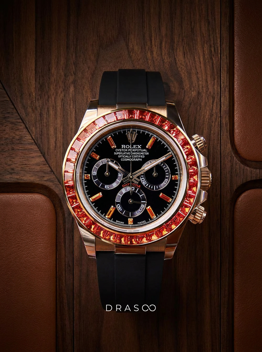 Rolex Daytona 40 mm – Yellow Gold – Custom Chronograph Dial & Orange Bezel – Oysterflex