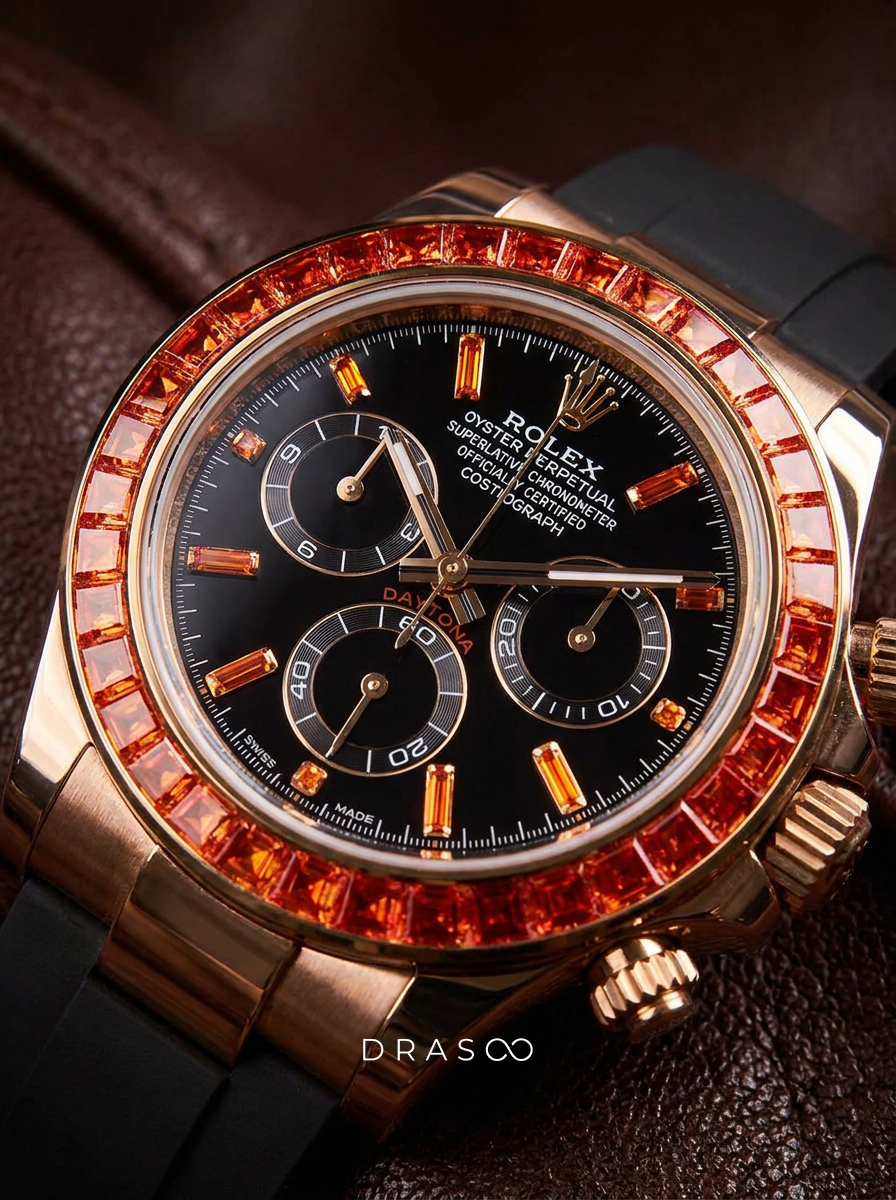 Rolex Daytona 40 mm – Yellow Gold – Custom Chronograph Dial & Orange Bezel – Oysterflex