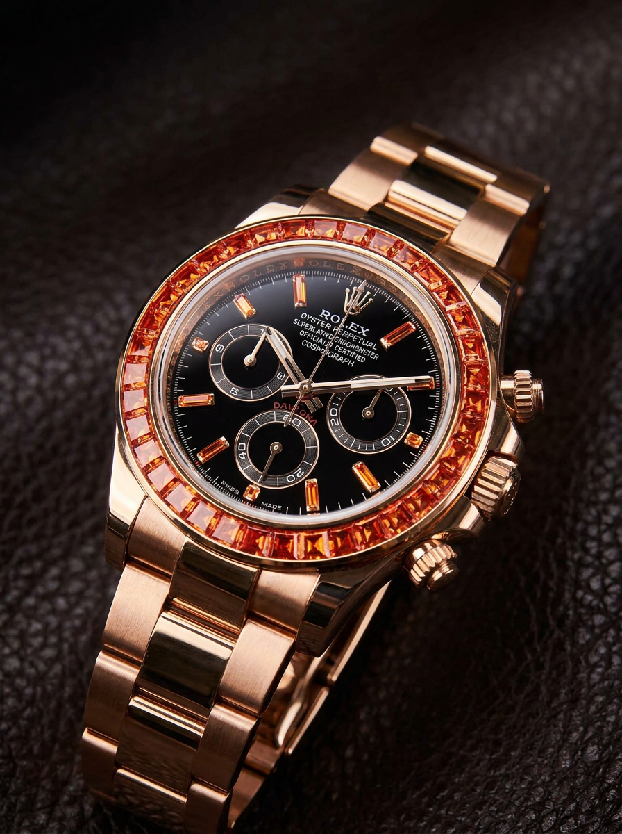 Rolex Daytona 40 mm – Yellow Gold – Custom Chronograph Dial & Orange Bezel – Oysterflex