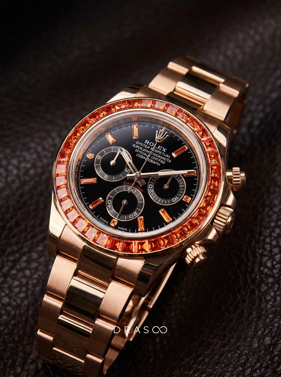 Rolex Daytona 40 mm – Yellow Gold – Custom Chronograph Dial & Orange Bezel – Oysterflex
