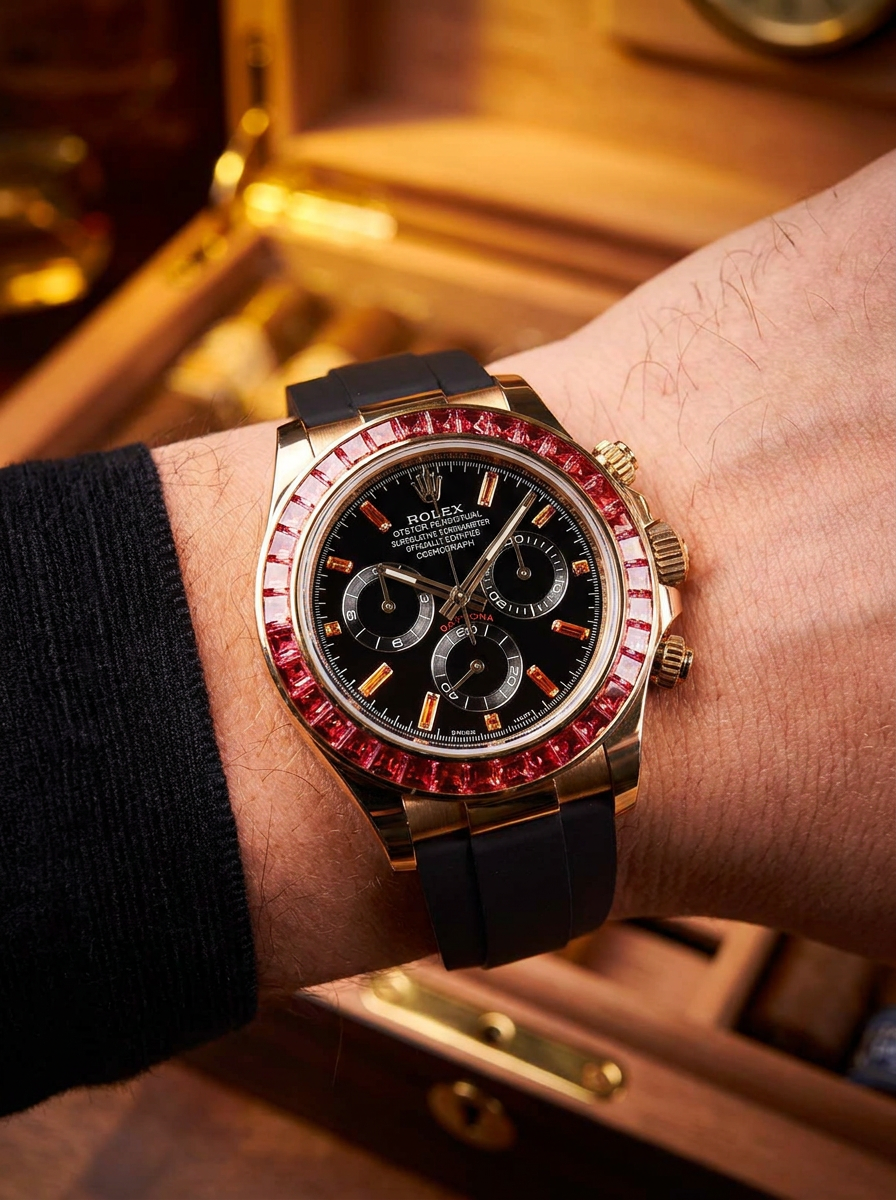 Rolex Daytona 40 mm – Yellow Gold – Custom Chronograph Dial & Orange Bezel – Oysterflex