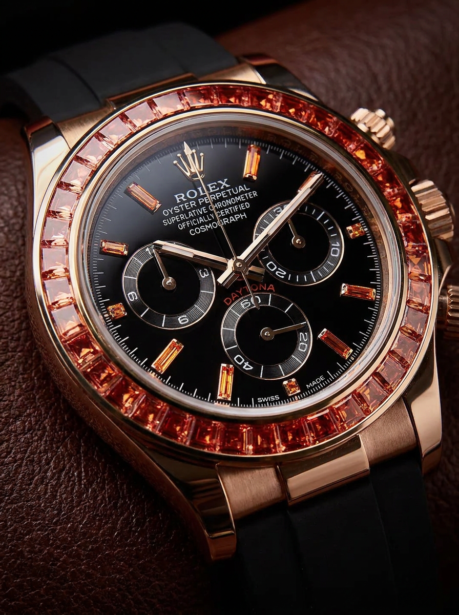 Rolex Daytona 40 mm – Yellow Gold – Custom Chronograph Dial & Orange Bezel – Oysterflex