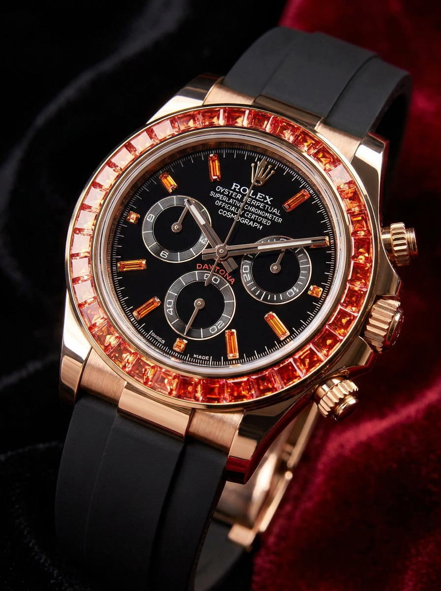 Rolex Daytona 40 mm – Yellow Gold – Custom Chronograph Dial & Orange Bezel – Oysterflex