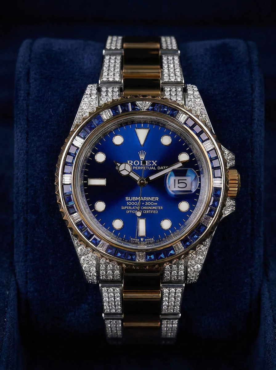 Rolex Submariner Date 41 mm – Oystersteel & Yellow Gold – Custom Diamond-Set with Blue Gemstone Bezel