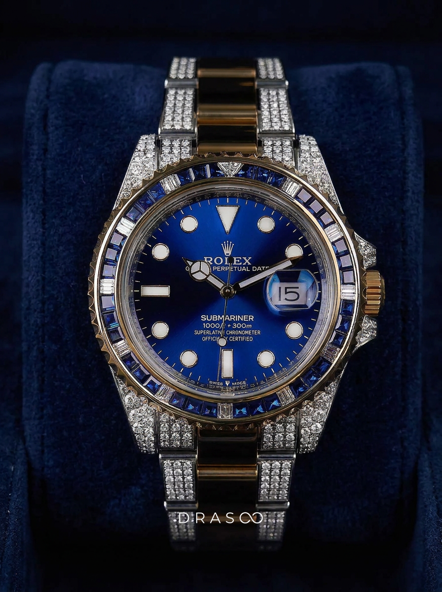 Rolex Submariner Date 41 mm – Oystersteel & Yellow Gold – Custom Diamond-Set with Blue Gemstone Bezel