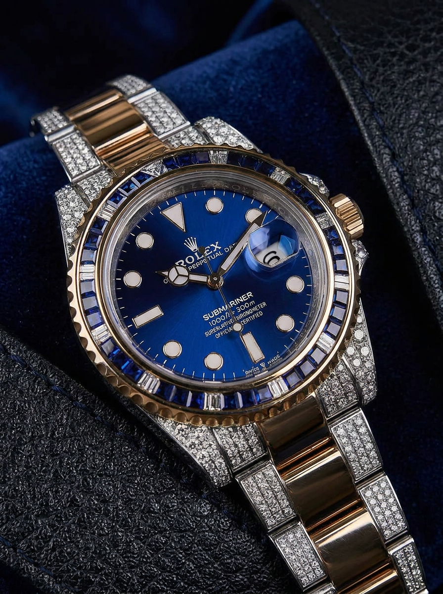 Rolex Submariner Date 41 mm – Oystersteel & Yellow Gold – Custom Diamond-Set with Blue Gemstone Bezel