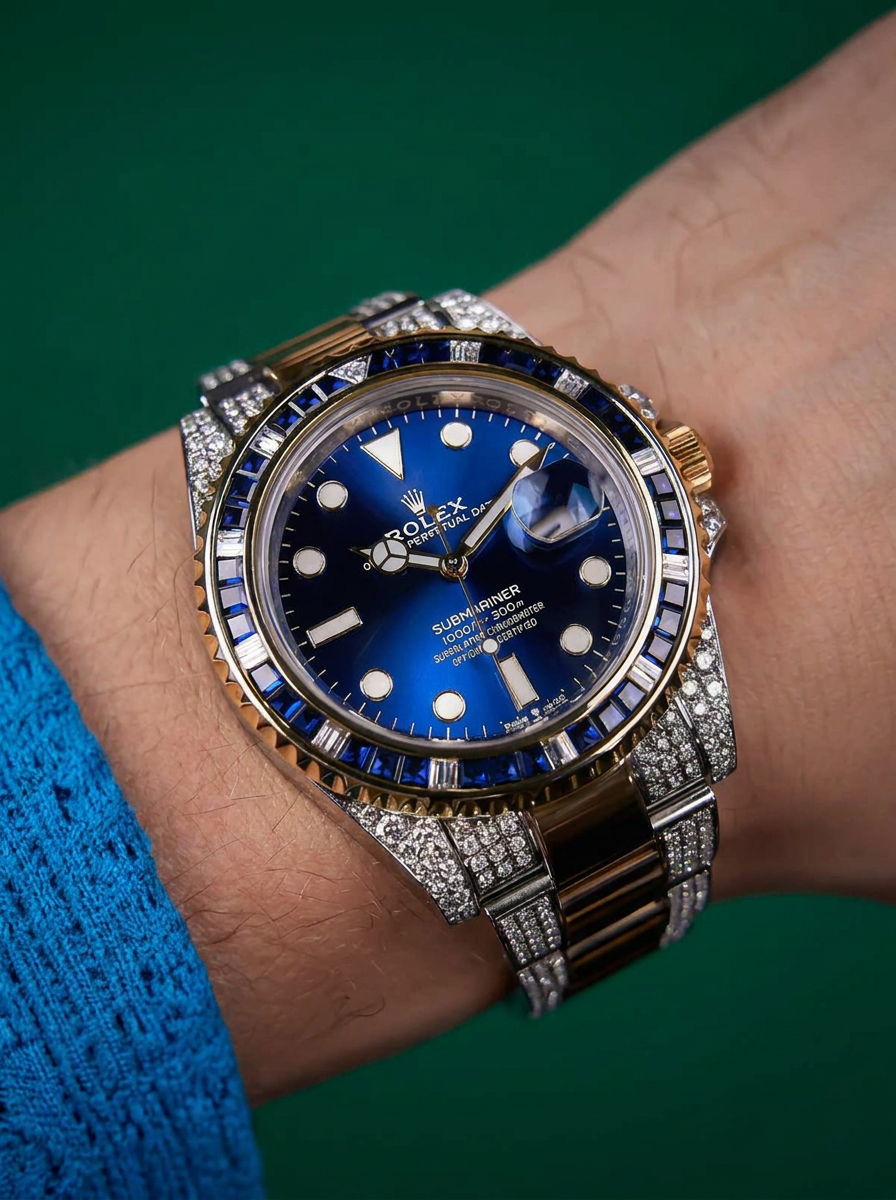Rolex Submariner Date 41 mm – Oystersteel & Yellow Gold – Custom Diamond-Set with Blue Gemstone Bezel