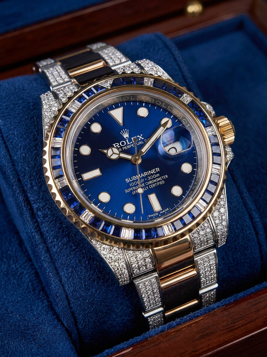 Rolex Submariner Date 41 mm – Oystersteel & Yellow Gold – Custom Diamond-Set with Blue Gemstone Bezel