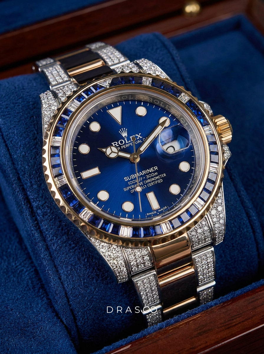 Rolex Submariner Date 41 mm – Oystersteel & Yellow Gold – Custom Diamond-Set with Blue Gemstone Bezel