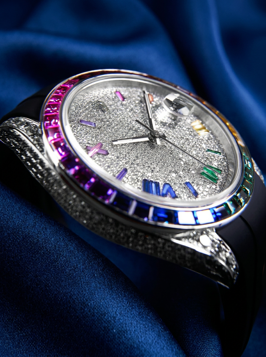 Rolex Datejust 41 – Oystersteel – Custom Rainbow Bezel & Diamond Dial – Black Horus