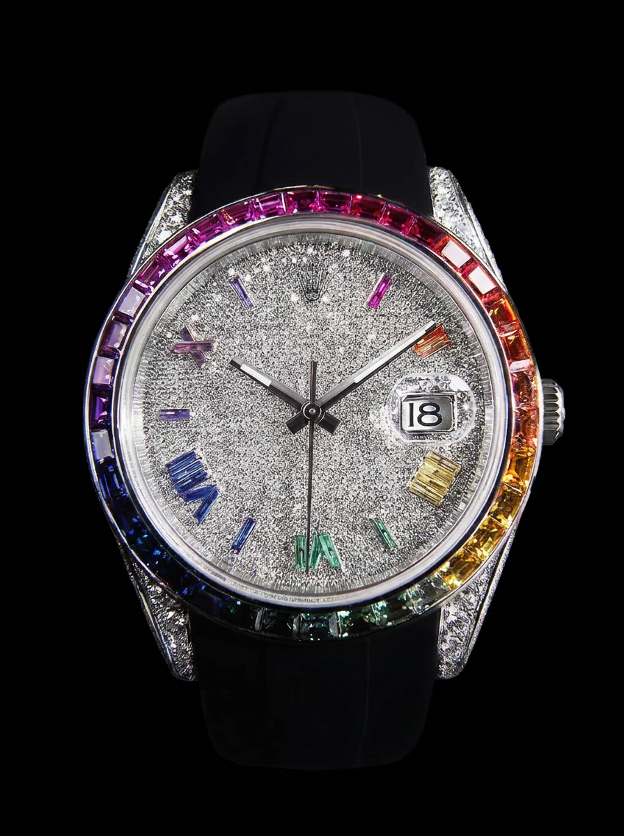 Rolex Datejust 41 – Oystersteel – Custom Rainbow Bezel & Diamond Dial – Black Horus
