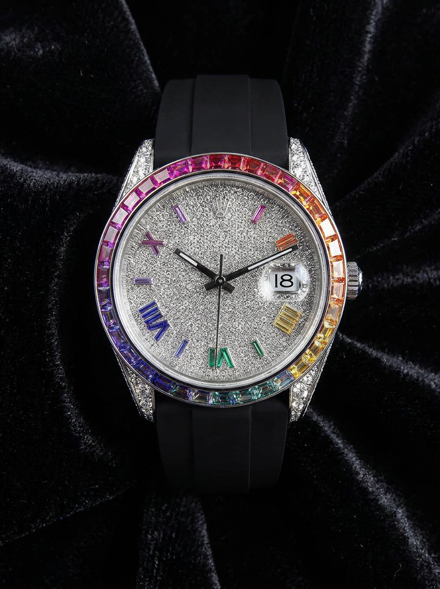 Rolex Datejust 41 – Oystersteel – Custom Rainbow Bezel & Diamond Dial – Black Horus