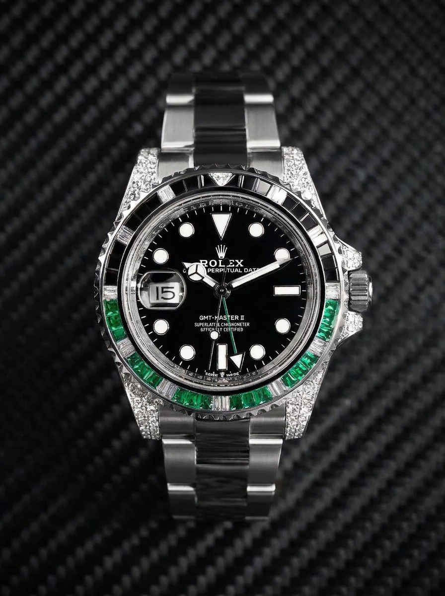 Rolex GMT-Master II 40 mm – Oystersteel – "Sprite" Custom Diamond-Set with Green/Black Gemstone Bezel