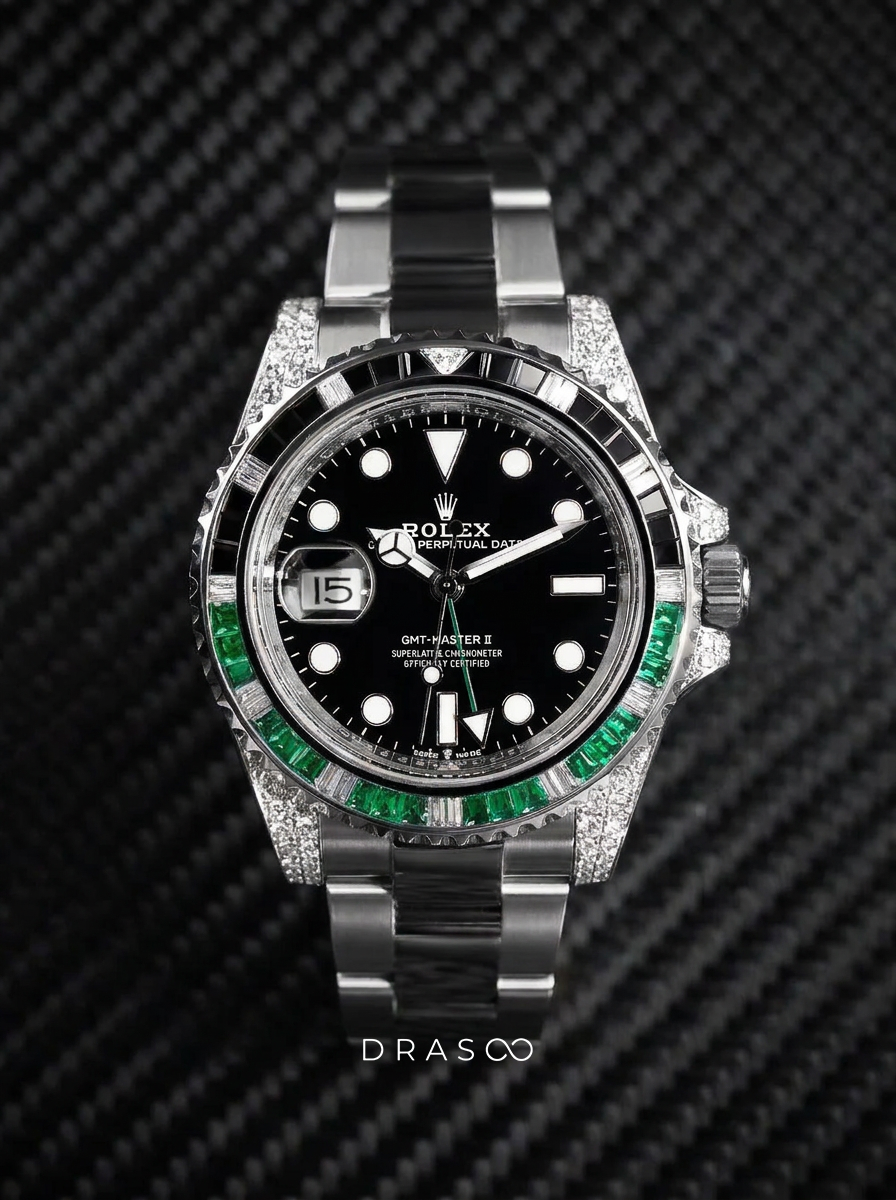 Rolex GMT-Master II 40 mm – Oystersteel – "Sprite" Custom Diamond-Set with Green/Black Gemstone Bezel