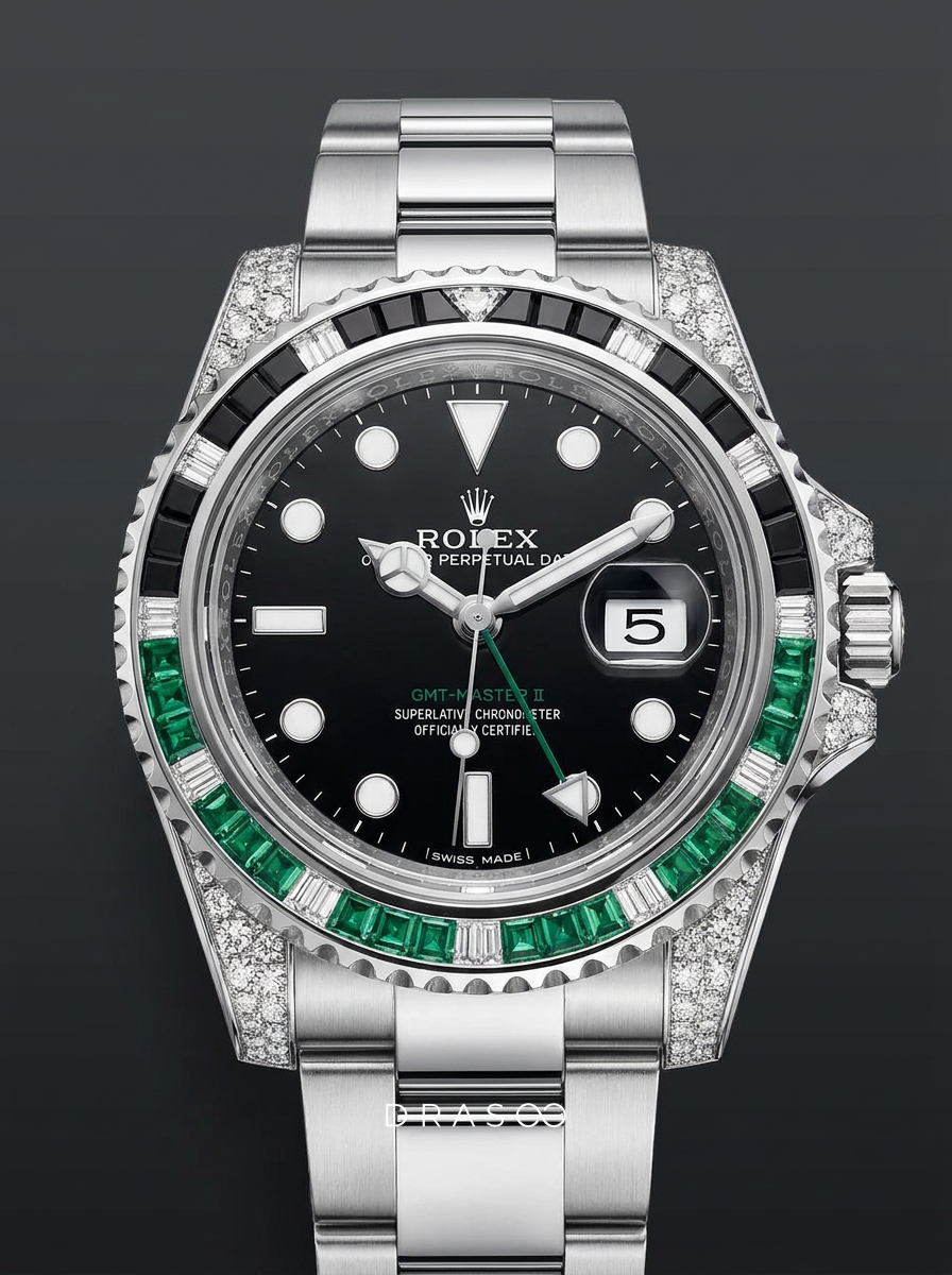 Rolex GMT-Master II 40 mm – Oystersteel – "Sprite" Custom Diamond-Set with Green/Black Gemstone Bezel