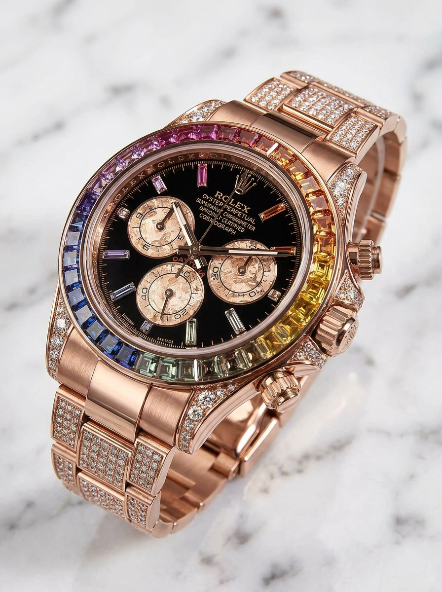 Rolex Cosmograph Daytona 40 mm – Rose Gold – Custom Chronograph Dial & Rainbow Bezel – Oyster