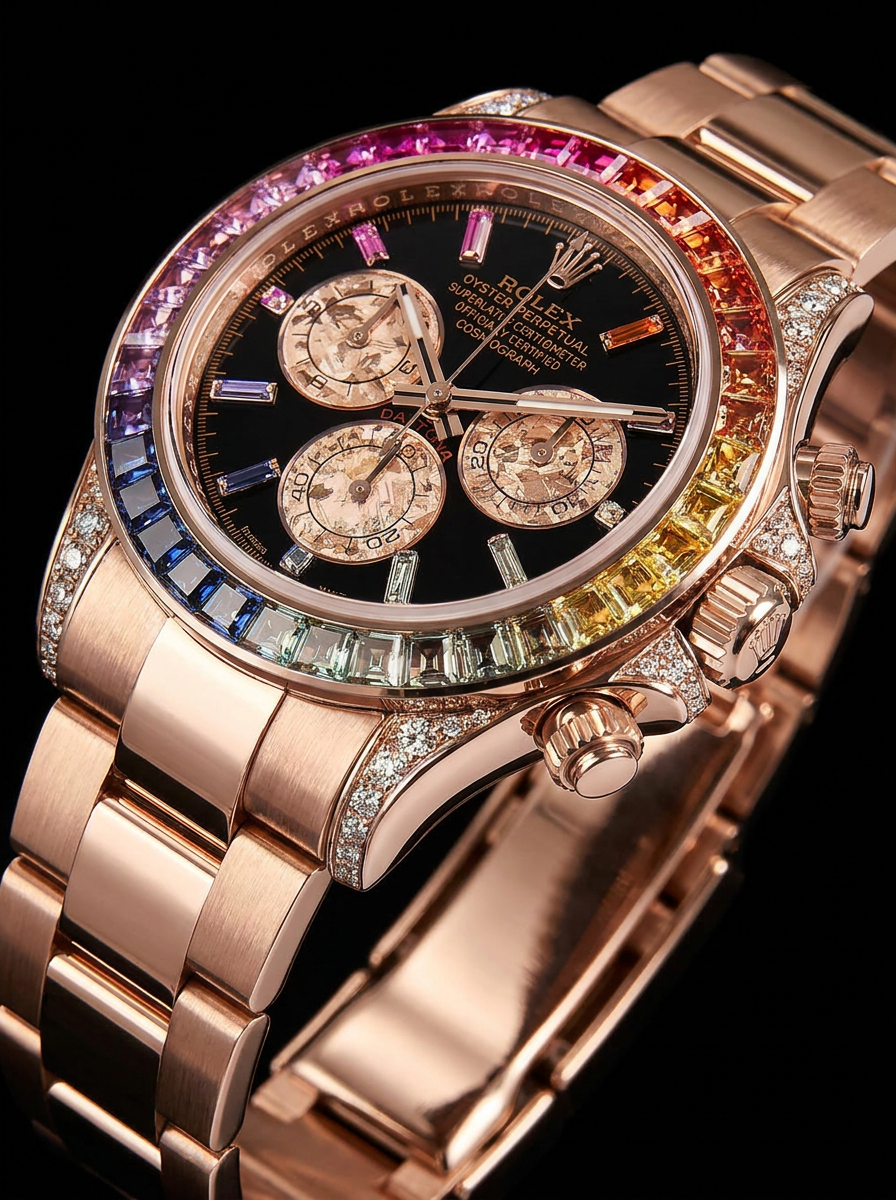Rolex Cosmograph Daytona 40 mm – Rose Gold – Custom Chronograph Dial & Rainbow Bezel – Oyster