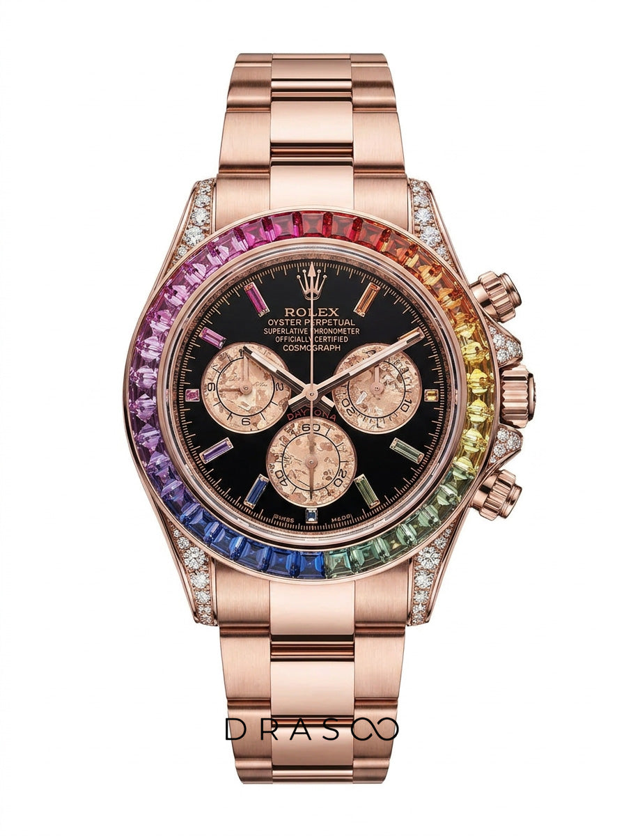 Rolex Cosmograph Daytona 40 mm – Rose Gold – Custom Chronograph Dial & Rainbow Bezel – Oyster